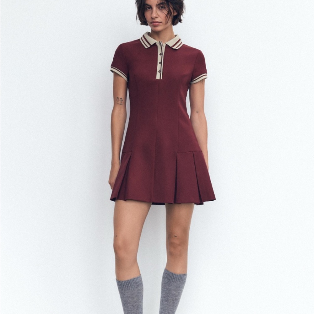 ZARA Women’s Pleated Burgundy Dress Size L | Structured Fit & Flare Maroon - Picture 2 of 11